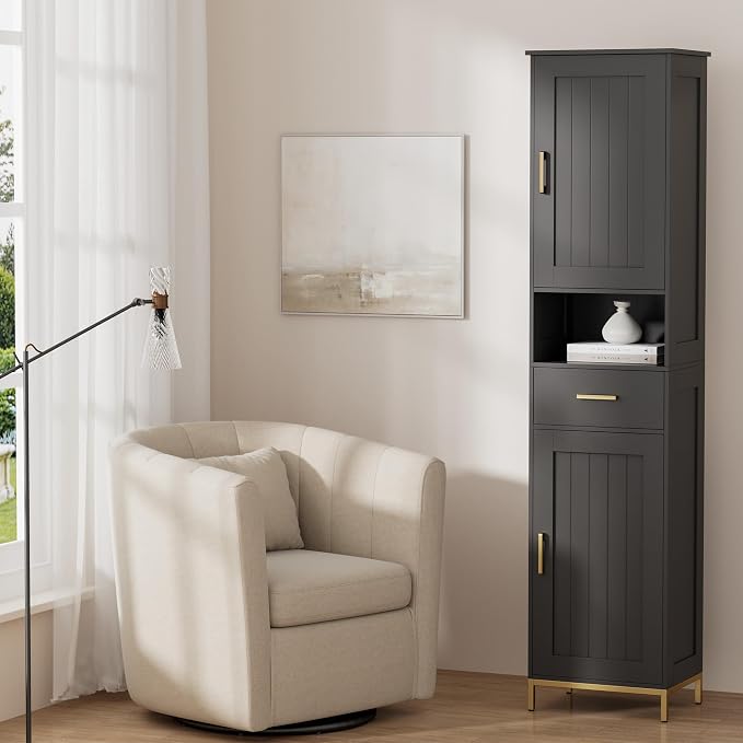 Homhedy 67" H Bathroom Storage Cabinet, Tall Bathroom Cabinet, Black | Narrow Cabinet with Doors and Drawer, Adjustable Shelves, Floor Cabinet for Bathroom, Living Room, Kitchen, Dining Room