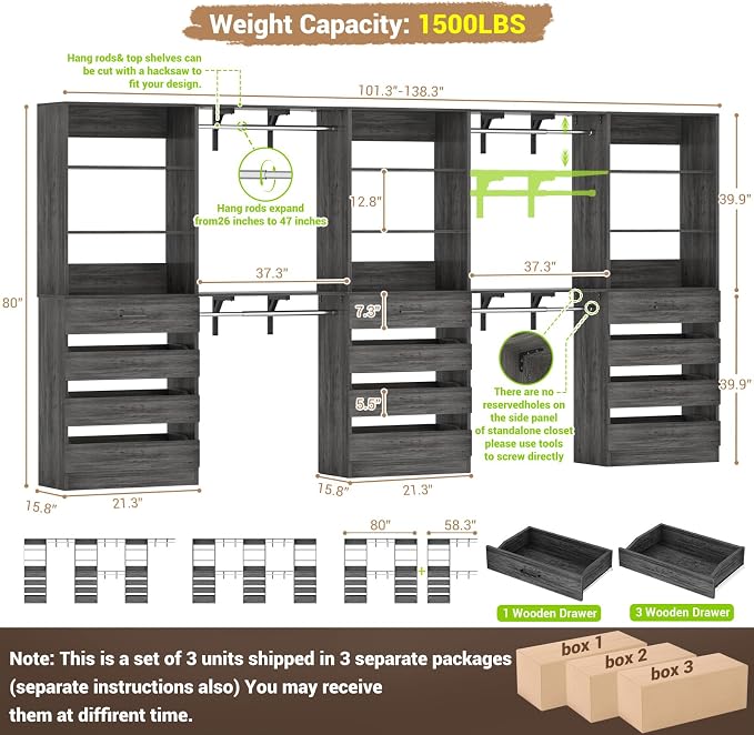 Aheaplus Closet System Set of 3, 138.5" Wood Closet Organizer System Tower with 12 Drawers & 4 Hanging Rods, 6.7+4.85Ft L Shaped Walk-in Closets Wardrobe Organizer Garment Rack with Shelf, Black Oak3