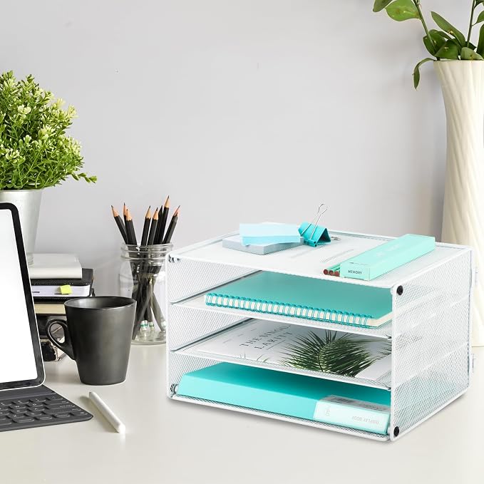 3 Tier Mesh Desk Organizer Tray, Desktop Mail File Paper Letter Folder Holder Sorter Organization Rack Storage Accessories for Office Home School Classroom, White