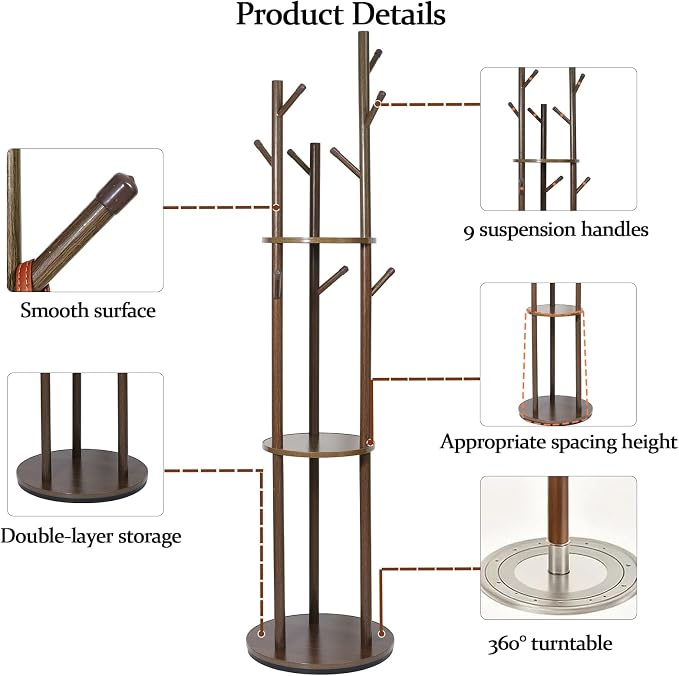 360° Rotating Wooden Coat Rack,9 Hooks & 3 Shelves Walnut Entryway Coat Tree Garment Stand for Hat Scarf Handbag