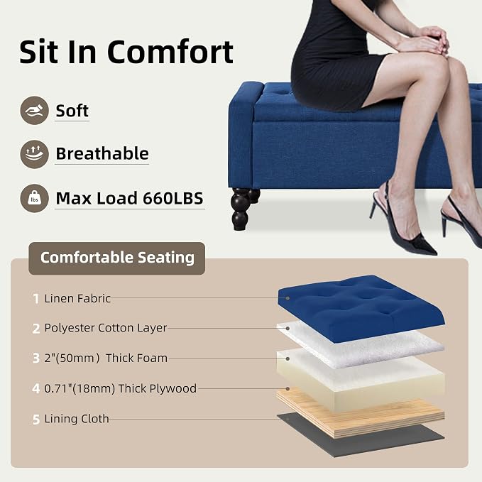 50" W Storage Ottoman Bench with Safety Hinge, Load up to 660 lb Ottoman with Storage, Upholstered Tufted Entryway Bench with Seating for Living Room, Bedroom, Entryway, Blue