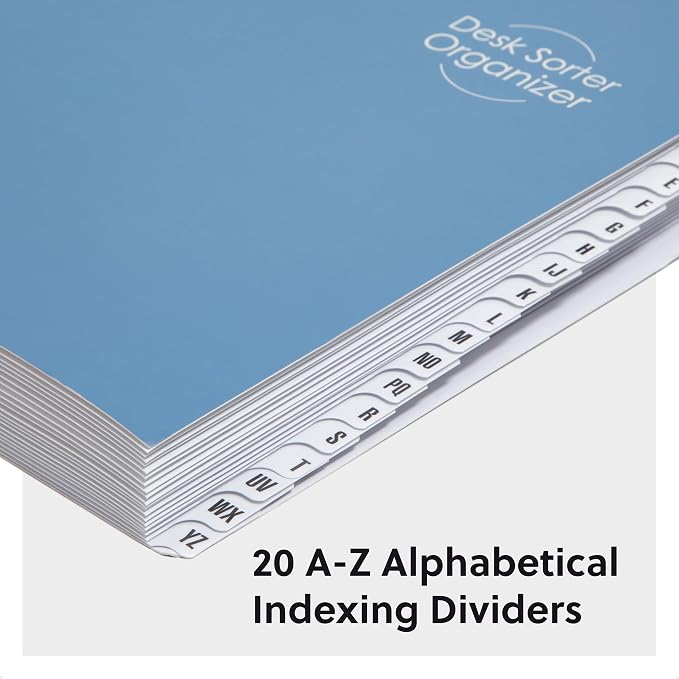 Smead Desk File Sorter, A-Z File Organizer, 20 Dividers, Letter, Dark Blue | Expandable A-Z desk organizer, 20 indexing dividers hold 300 sheets each, laminated poly-reinforced tabs, recycled