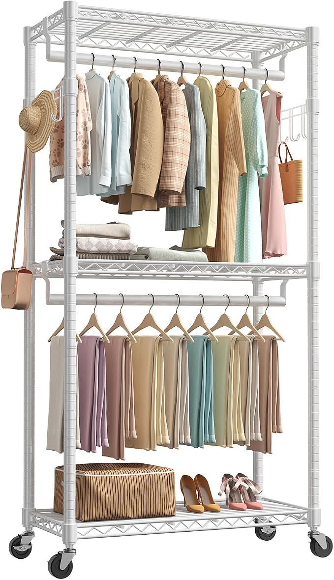 OLIXIS Clothes Rack Heavy Duty Adjustable Garment Clothing Rack with Wheels, Rolling Metal Freestanding Closet Organizer for Hanging Clothes with 2 Side Hooks, Double Rods, 35" x 15" x 75", White
