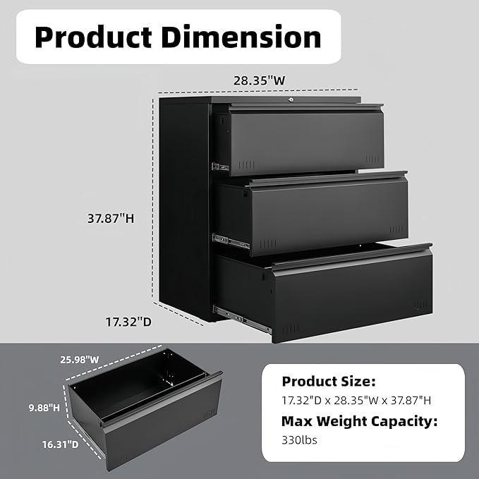 Guizeeopo Metal File Cabinet with Lock, 3 Drawer Lateral File Cabinets for Home Office, Heavy Duty Office Storage Cabinet for A4/Letter/Legal Size, Assembly Required(Black)