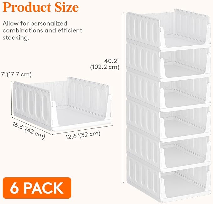 Lifewit 6 Pack Stacking Closet Organizers Shelf for Clothes 16.5" Depth | Plastic Stackable Sweater Storage basket Bins for Wardrobe, Multifunctional Pants Organizer for RV, Pantry, Kitchen, Dorm