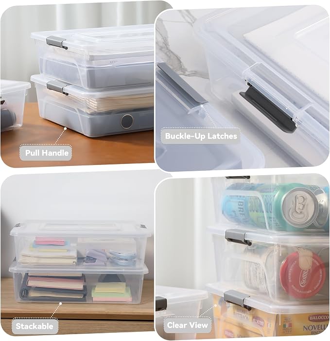 novelinks 10 Quart Clear Plastic Storage Containers with Lids (4 Pack) | Storage Bins with Lids, Stackable Small Clear Bins, Craft Storage Box, Paper Storage, Under Bed Storage Bins, Pencil Box