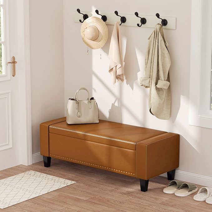 AKMAKM 49''W Storage Ottoman Bench, 30 Gallons End of Bed Bench, Faux Leather, Mid Century Modern, Upholstered Bench with Storage and Seat for Entryway, Living Room, Holds up to 350 lb, Brown