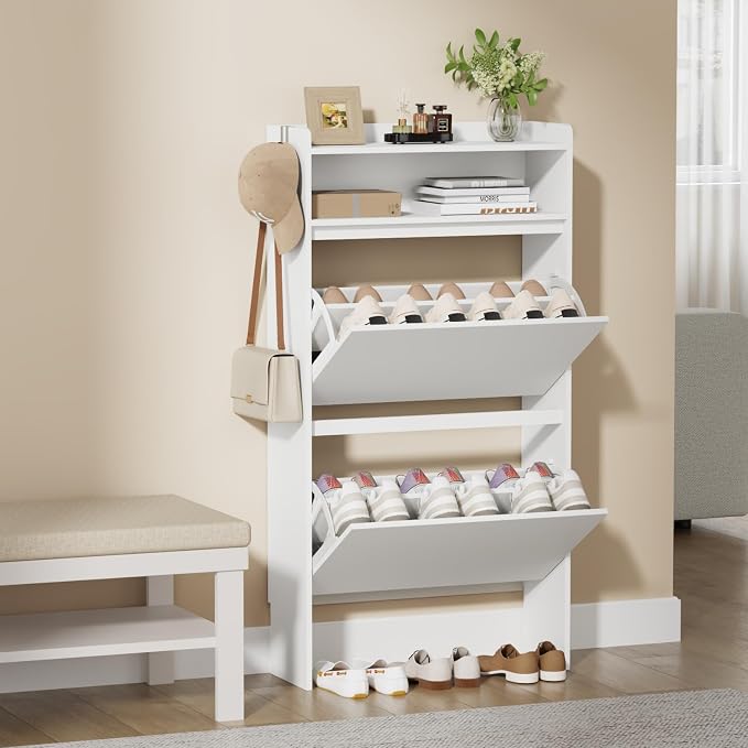 Slim Shoe Cabinet with 2 Flip Drawers & Open Storage, 23.6" W White | Freestanding shoe storage cabinet for entryway,foyer and hallway,Narrow design and space-saving flip drawers