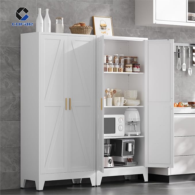COFaR 61'' Tall Metal Storage Cabinet, Farmhouse Kitchen Pantry Cabinet with Doors and 3 Adjustable Shelves, White Metal Cabinets for Kitchen, Bathroom, Laundry, Garage, 4-Tier