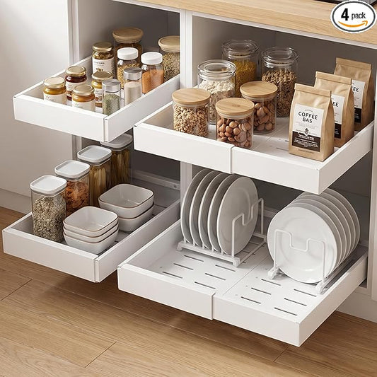DOMNIU 4 Pack Pull Out Cabinet Organizers Expandable Width (12.4''-20.27'') | Upgrade 3 Slide Rails Sliding Drawer for Kitchen Cabinet Organizer with Adhesive Nano Film, White