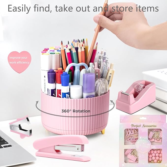 Office Supplies,School Supplies,Pink Desk Accessories,Desk Organizer,Scissors,Stapler,Tape Dispenser,Binder Clips,Staples,Staple Remover,Sticky Notes,Clear Tape,Pen,Ruler,Best Gift,11pcs