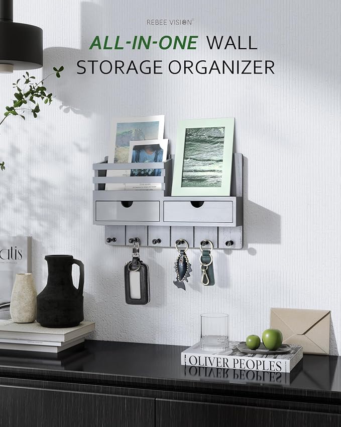 Rebee Vision Key Holder Wall Mount with 2 Drawers for Home Decor, Gray | Stylish Mail Holder for Wall, Drawer Organizer, 6 Key Hooks, Plant Display, Modern Apartment Essentials, Aesthetic Room Decor