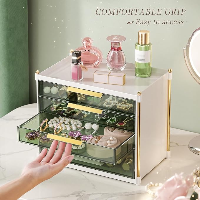 Aveniee 4 Drawers Makeup Organizer- Bathroom Organizers and Storage, Plastic Bins Countertop Perfume Vanity Desk Organization for Cosmetic, Skincare, Face Mask, Jewelry, Green
