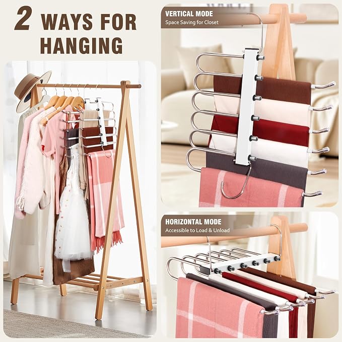 HUITEM Space Saving 6 Tier Pant Hangers, Anti-Slip, Lightweight, Stainless Steel, 2 Pack, White