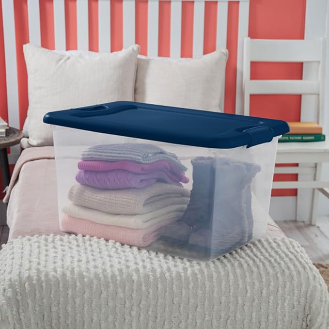 Sterilite Color Program, Large Clear Plastic Storage, 64 Quart, 24-Pack | Clear Bins with Blue Lids - Stackable Organizing Container Boxes for Closet, Bathroom, and Office