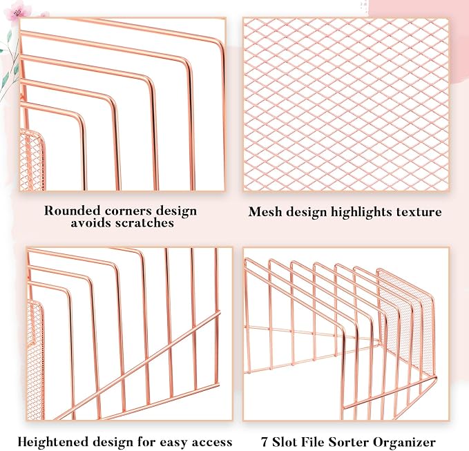 2 Pcs 7 Section Wire File Organizer for Desk, Metal Mesh Incline File Holder, Letter & Magazine Folder Rack, Desktop Paper Sorter for Home Office Back to School (Rose Gold)