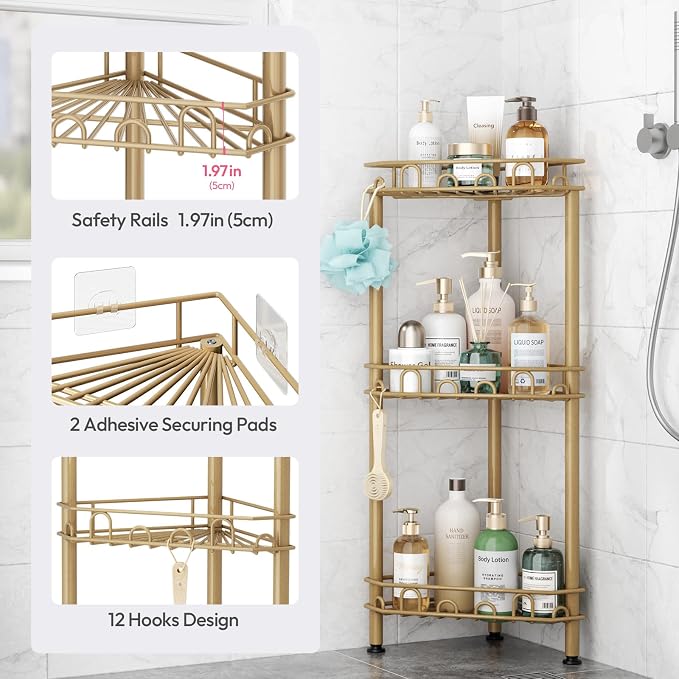 SWTYMIKI Standing Shower Caddy Corner - 3‑Tier Stainless Steel Shower Organizer Shelf with 12 Hooks and Adhesive Pads, Rustproof Corner Shelves Stand Rack for Bathroom Shower Room, Gold