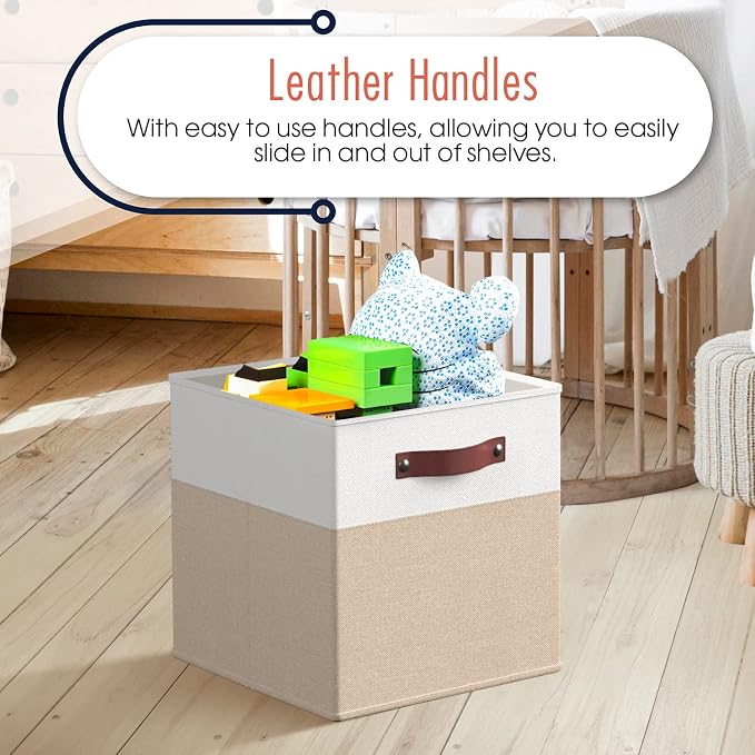 Ornavo Home 11x11 Foldable Fabric Storage Cube Bins, 6 Pack, White/Khaki | Collapsible Linen Shelf Basket Organizer; Leather Handles; Ideal Cube Storage For Closet