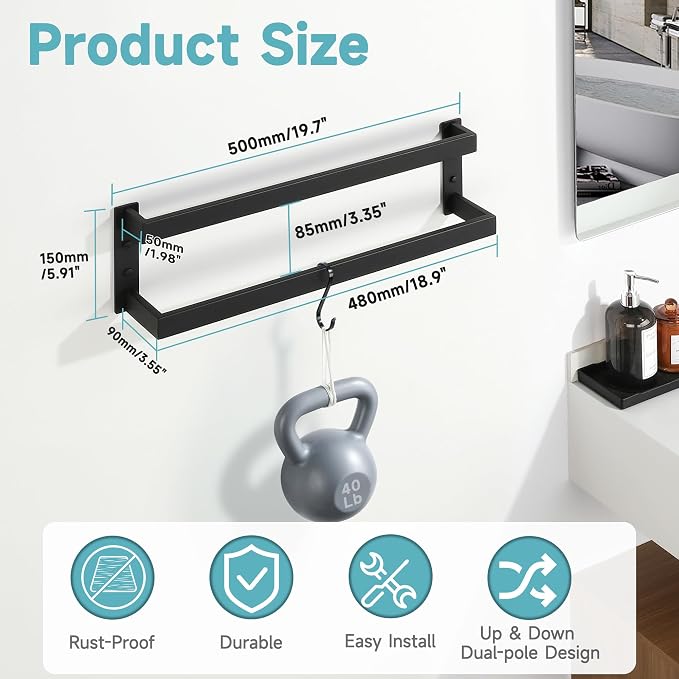 Alise Double Towel Bar, 20" Double Towel Racks for Bathroom, Matte Black | Bathroom Towel Rack Wall Mounted, 3.54" Wide Faster Drying, Ladder Design, SUS304 Stainless Steel