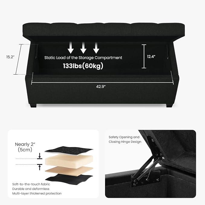 Living&Giving Storage Ottoman Bench for Bedroom, 47.2", Black | 47.2-inch storage ottoman with safety hinge, tufted upholstered seat and spacious hidden storage for everyday organization.