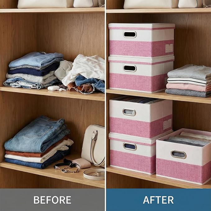 PRANDOM Storage Bins with Lids [3-Pack] Linen Fabric Foldable Storage Boxes Organizer Containers Baskets Cube with Cover for Bedroom Closet Office Pink&White（11.4X8.6X6.7