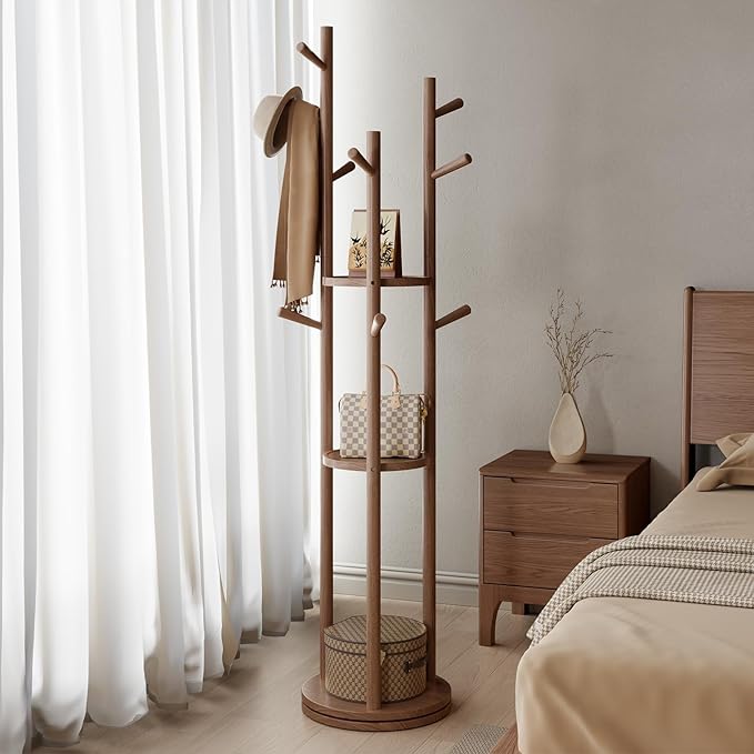 Muwuele Solid Wood Rotary Coat Rack, Freestanding Coat Rack with 3 Shelves and 9 Hooks, Coat tree for Bedroom, Entryway, Livingroom, Coat Hanger Stand for Coats, Scarves, Handbags (Walnut)