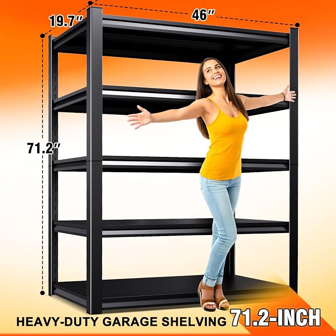 46''W Storage Shelves,2500LBS Garage Shelving,Adjustable Garage Shelves,Heavy Duty Metal Shelving, 5 Tier Wood Utility Steel Shelf, Easy-to-Install Shelving Units and Storage 71.2''x46''x19.7