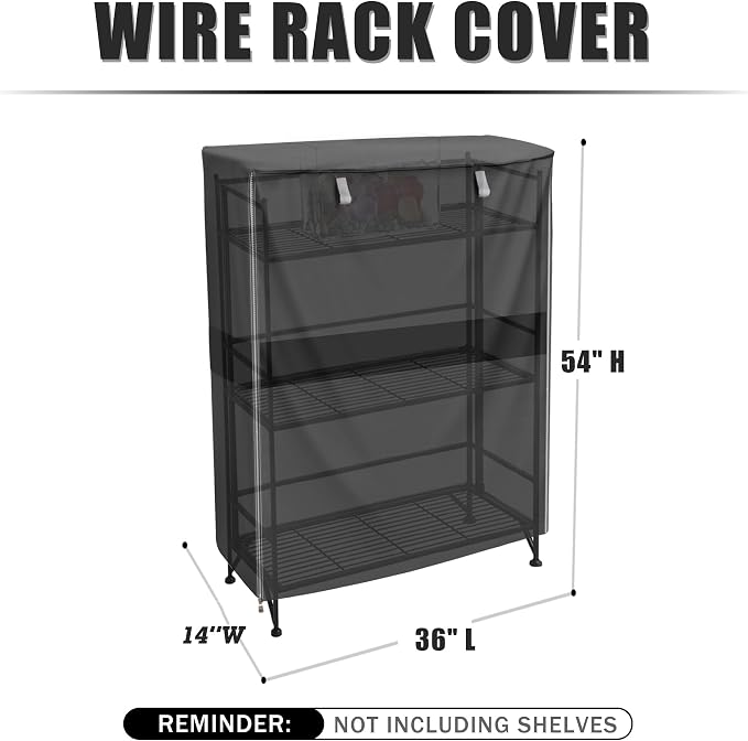 Wire Shelf Cover 36"x14"x54", Heavy Duty 600D Oxford Rack Cover with Zipper | Quick-access front opening, convenient side pockets, reinforced stitching, protective fabric design