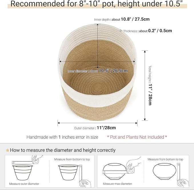 Dahey Plant Basket Indoor for 10 inch Pot Woven Jute Planter, White & Beige | Fits 8"-10" Planters, Reinforced Structure, Foldable Laundry Bin with Handles, Jute Cotton Rope, Decorative Flower Pot Cover