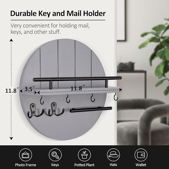 Nekon Key Holder Wall Mount, 11.8 Inch Key Rack with Shelf and 6 Key Hooks, Rustic Key and Mail Organizer, Circular Wooden Key Hanger for Entryway Hallway Kitchen (Gray)