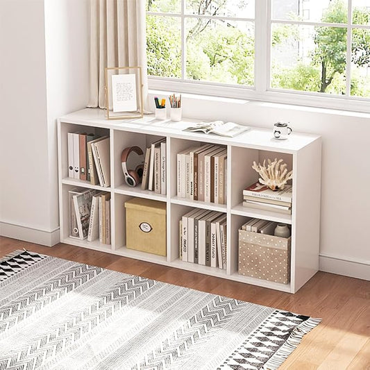 NELYE 8 Cube Organizer Bookcase White Open Shelf | Suitable for 11-inch Fabric Storage Bins, Simple Compartments Bookshelf, Holds 20 Lbs per Cube