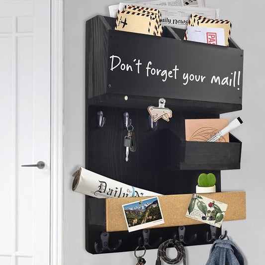 Mail Organizer Wall Mount，Key Holder Mail and Key Organizer for Wall with Shelf, Chalkboard, Corkboard, Home Decor for Room Office Entryway(Midnight Black)