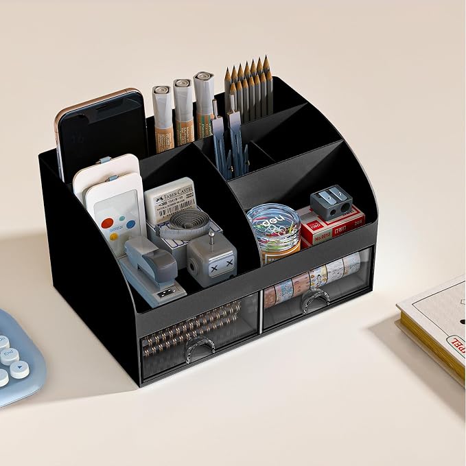 COMFYROOM Desk Organizer with 6 Compartments and 2 Drawers, Plastic Makeup Organizer, Pen Holder for Desktop Storage, Desk Organization for School, Home, Office Supplies Black-2Pack