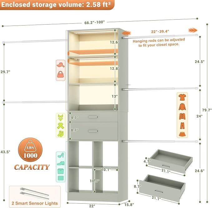 Besiost Closet System, Built in,Not Free Standing, Enclosed Storage Volume: 2.58 ft³, Crab Green