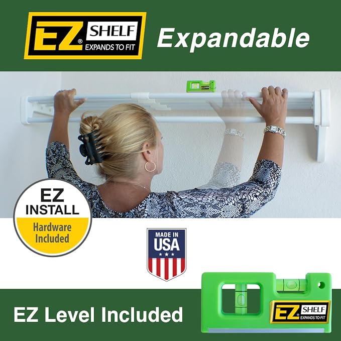 Closet Shelf with Hanging Rod - 28-48” Expandable, White, Closet Shelves - Strong, Holds 200 lbs - DIY, Easy Install to 2 Side Walls - Alternative to Wire Shelving