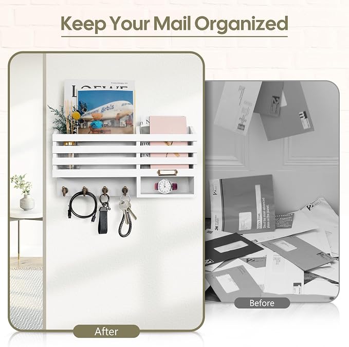FifthQuarter Mail Holder for Wall with 2 Mail Shelf and 4 Sturdy Key Hooks | Wooden Entryway Organizer and Decorative, Easy Installation