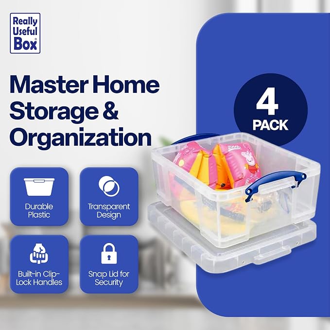 Really Useful Box 17L Plastic Storage Bins, 4 Pack | Containers with Snap Lids and Clip Lock, Clear