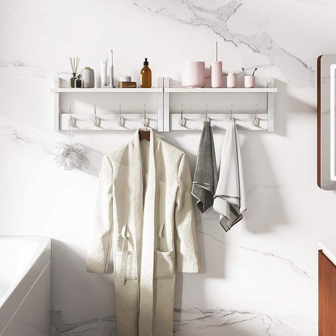 YMYNY Coat Rack Wall Mount with Shelf and Hooks, White UHWS001W-2 | 2 Pack Wooden Wall Mounted Coat Hanger with Shelf and 8 Double Hooks, Wall Coat Rack for Entryway Hallway Bedroom Bathroom