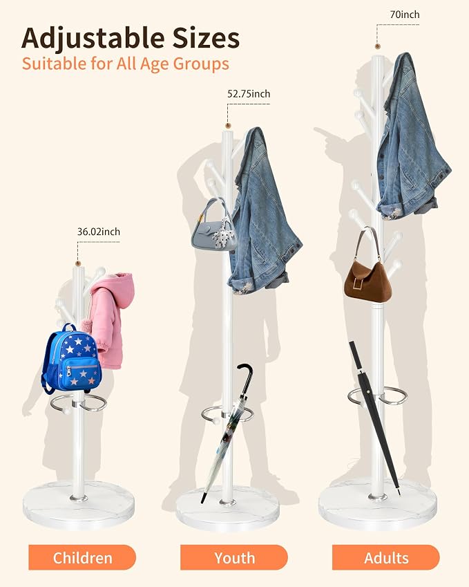 ZOZOE Coat Rack Stand, White Coat Rack Freestanding with Umbrella Holder | Coat Rack with Natural Marble Base,Modern Coat Stand with 8 Hooks,Clothes Tree Stand for Bags Hats in Hallway Entryway Corner