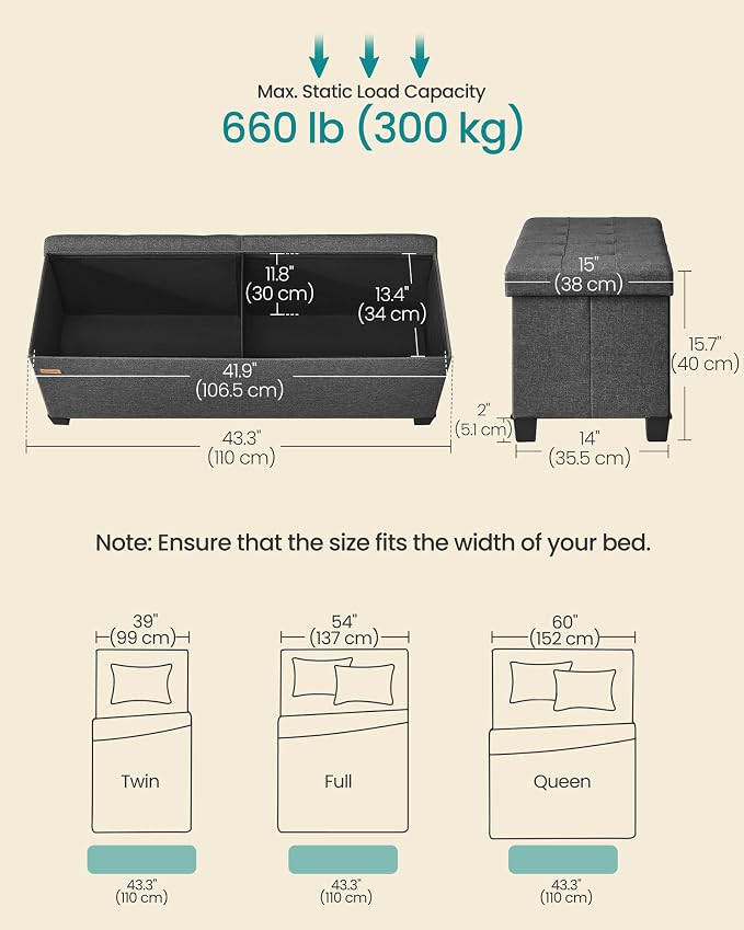 SONGMICS Storage Ottoman Bench with Legs, Folding Ottoman Foot Rest with Flipping Lid, Bench with Storage, for Living Room, Bedroom, Entryway, Linen-Look Fabric, 43.3 Inches, Slate Gray ULSF079GN01
