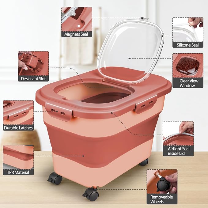 Viretec Dog Food Storage Container, 10-20Lbs Collapsible Pet Food Storage Containers with Rolling Wheel Airtight Locking Lid, Dry Food Storage Bin with Cup and Scoop,Suitable for Pet Food, Rice, Flour