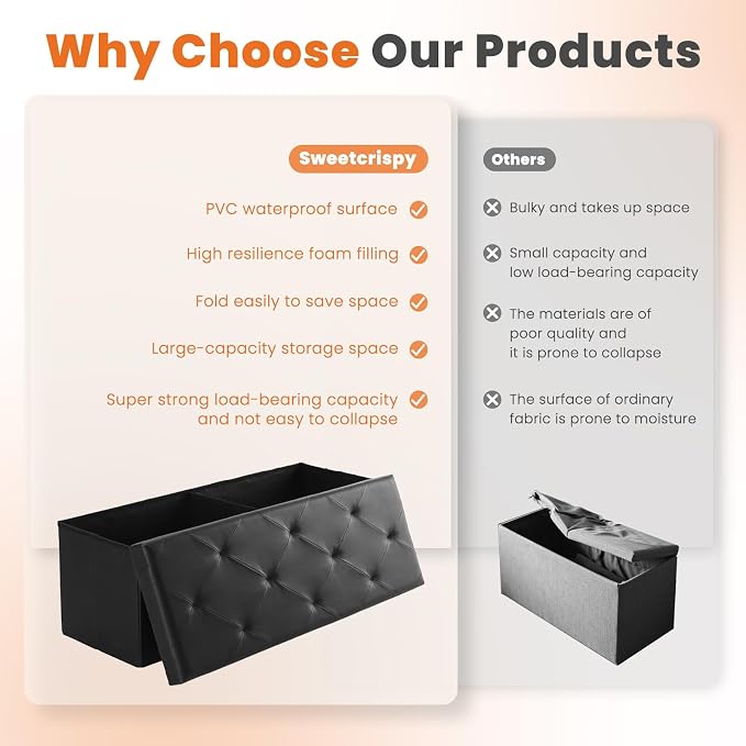 Sweetcrispy 43 Inch Storage Ottoman Bench, Folding Ottoman with Storage | Foot Rest Stool with Padded Seat, End of Bed Storage Bench for Living Room, Bedroom, Loads 660 LBS, Synthetic Leather, Black