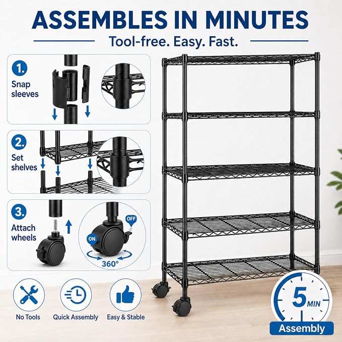 Simple Deluxe 5-Tier Heavy Duty Storage Shelving Unit, 1250 Lbs Loading Capacity, 29.92" W x 13.98" D x 61.02" H, Black