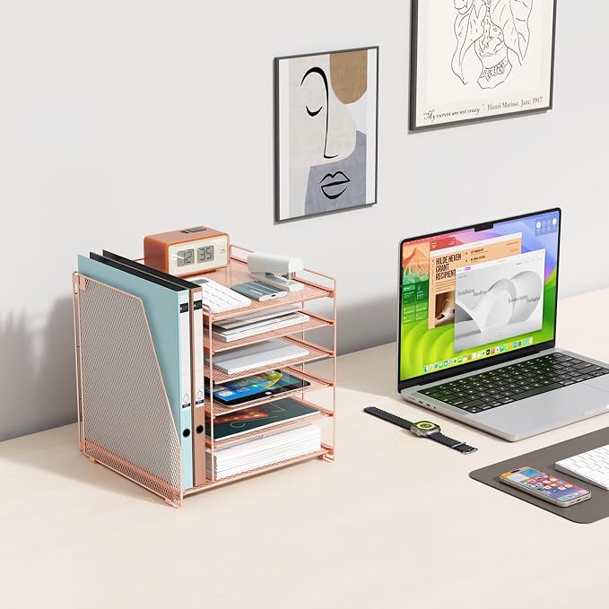gianotter 6-Tier Paper Organizer With Magazine Holder, Desk Organizers and Accessories, Desk Accessories & Workspace Organizers, File Organizer for Office Supplies Storag (Rose Gold, 6-Tier)