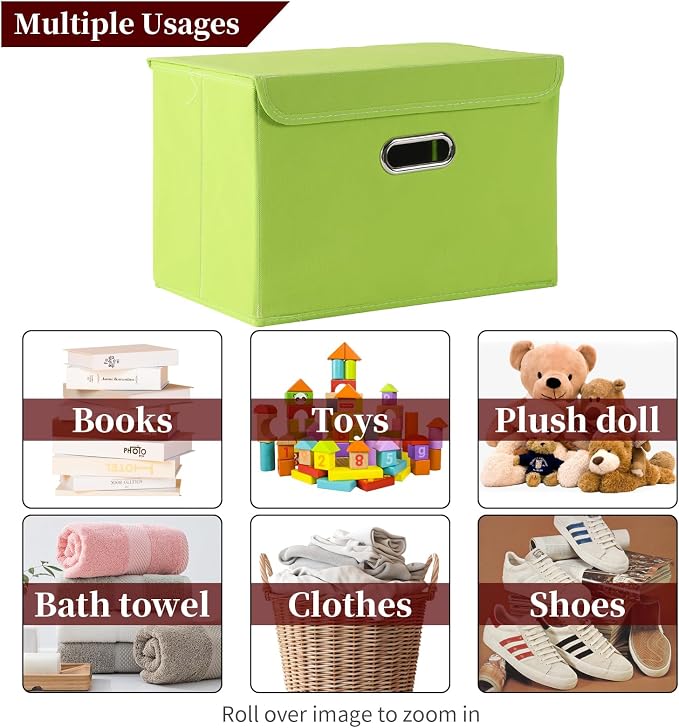 STOREONE Fabric Storage Cube Bins Foldable Organizer Container Collapsible Basket with Lids and Metal Handles, for Home, Bedroom, Closet 3 Pcs (multicolour-green)
