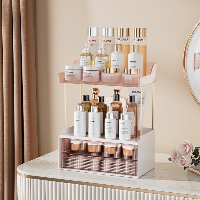 Delamu 4-Tier Makeup Organizer, Bathroom Counter, 2 Drawers, Grapefruit | Elegant Vanity Organizer Gift for Women, Holds Perfume, Skincare, Nail Polish & Hair Accessories for Bathroom Countertop