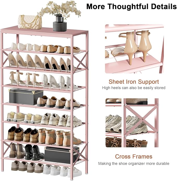 8 Tier Metal Shoe Rack with Wood Top, 24-32 Pairs Pink | 52in tall maximizes vertical space. 2 iron sheets for heels. Remove a layer for tall boots. Versatile for home.