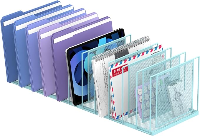 File Organizer for Desk, 11-Section Vertical File Sorter, Paper Holder Organizer Standing Metal File Folder for Office Home Classroom, Blue
