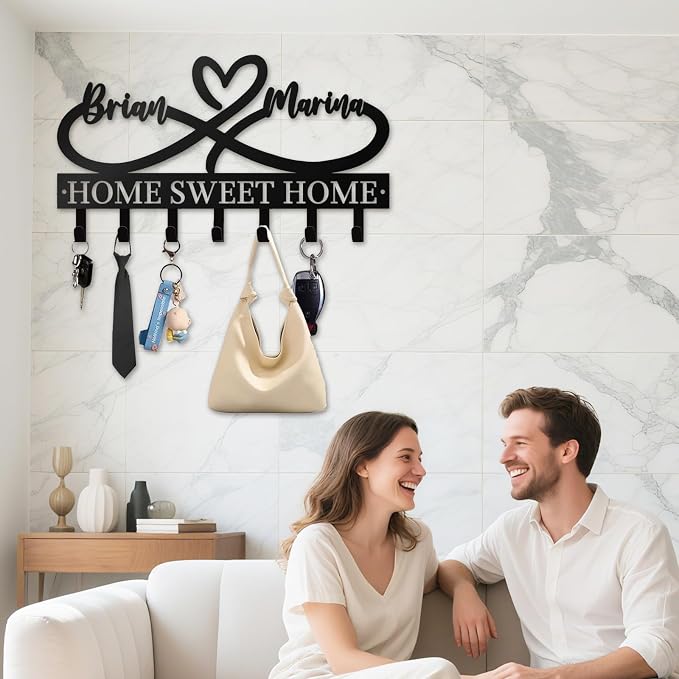 Personalized Couple Key Holder for Wall, Custom Heart Name Hooks | Heart infinity metal key rack for bedroom decor, rust-resistant finish, ideal wedding, anniversary and new home gift