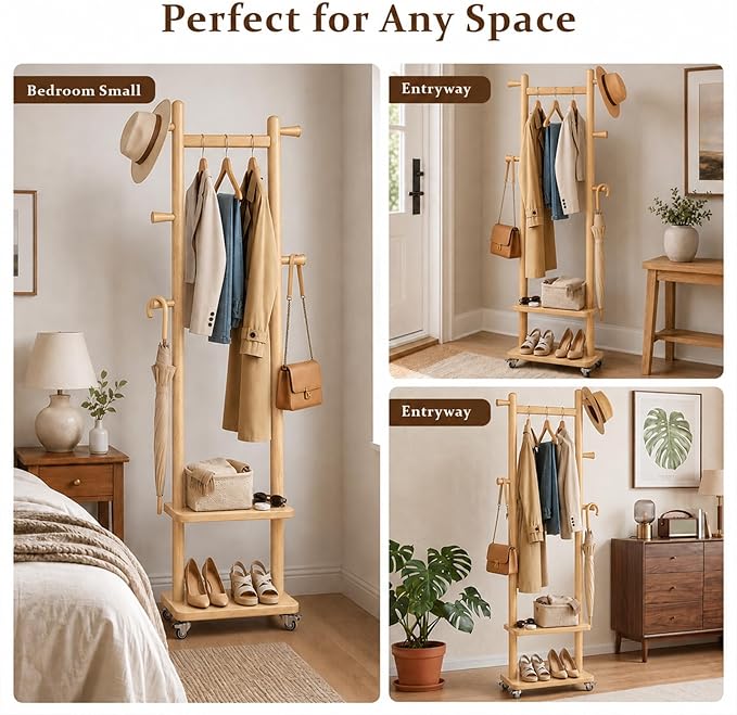 Taitiy Solid Wood Coat Rack Small Freestanding with Wheels 2 Shelves | Small spaces, solid rubberwood construction, 2 shelves and 5 hooks, ideal for bedrooms, entryways, apartments and homes